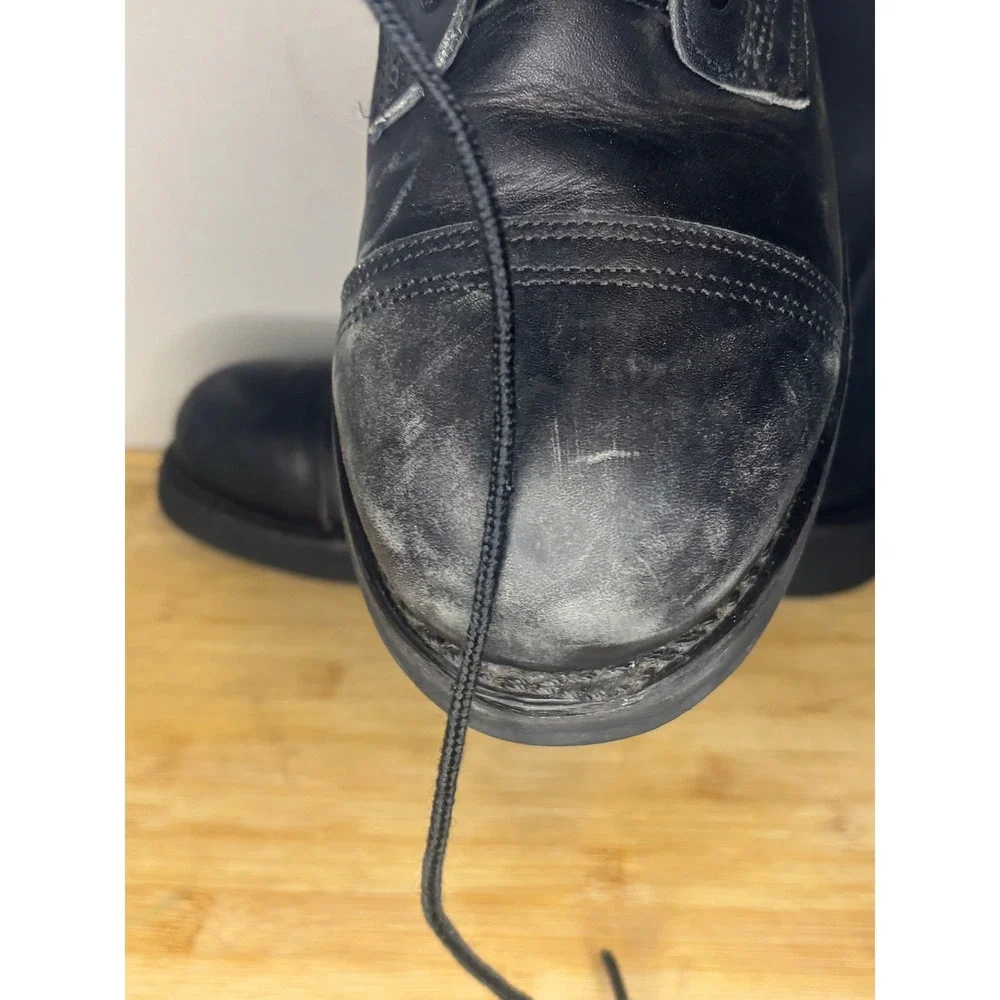 Vintage Mens Black Leather Combat Boots Cap Toe Military Style Lace Up Size 9 R